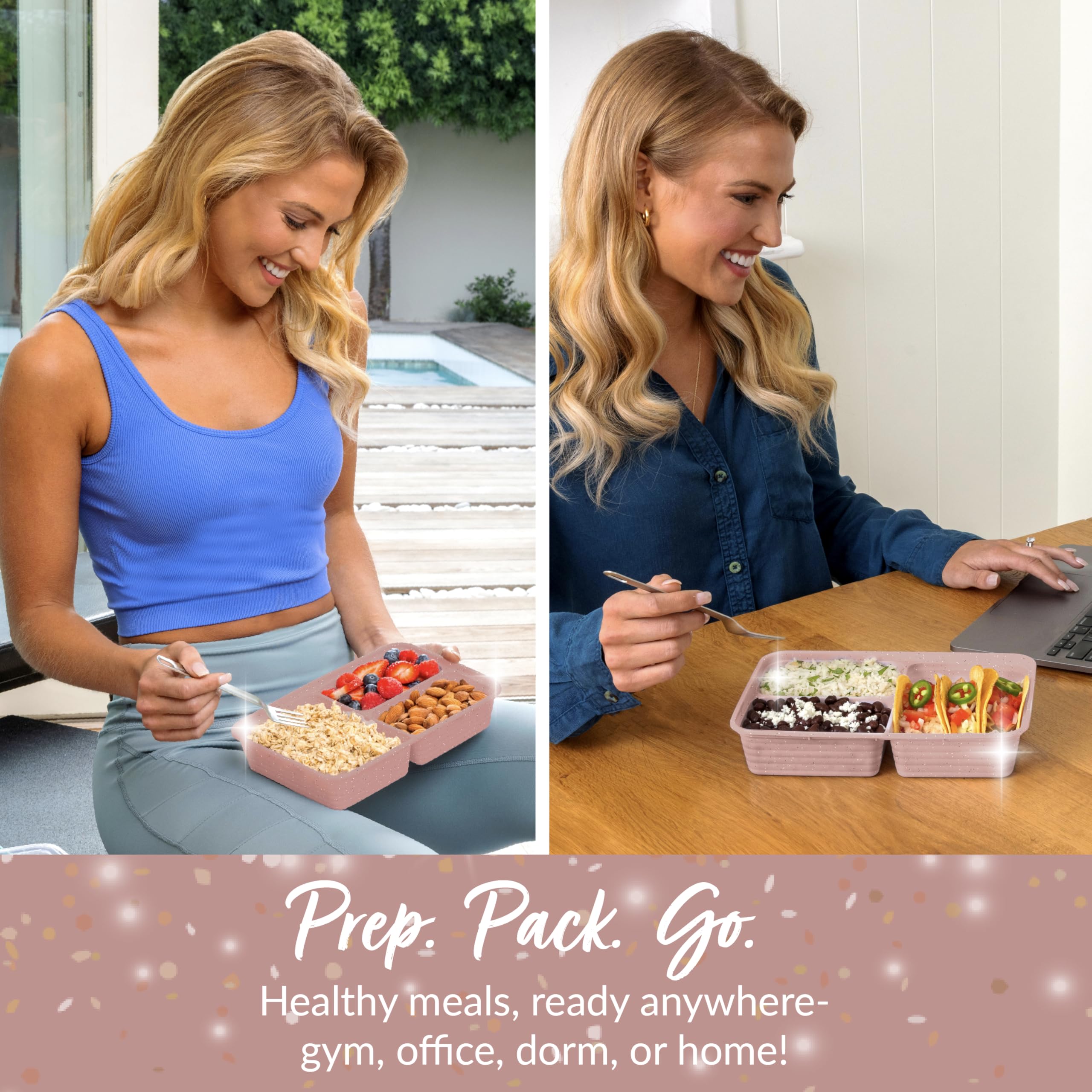 Bentgo Prep - 20-Piece 3-Compartment Reusable Meal Prep Containers with Lids, PFAS & BPA Free Materials, Durable, Microwave, Freezer, & Dishwasher Safe To Go Food Storage (Rosette Glitter)