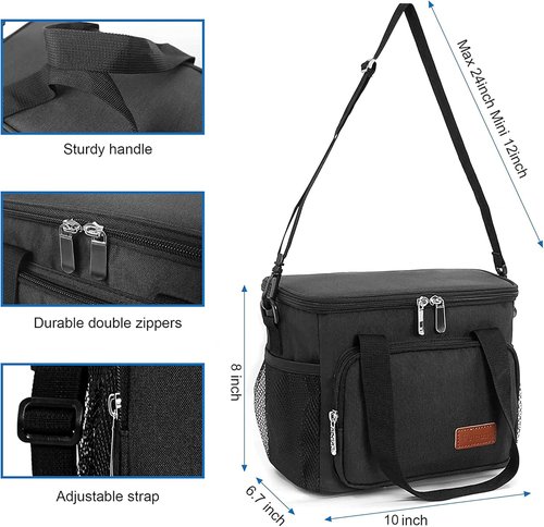 Femuar Insulated Lunch Box - Leakproof Reusable Cooler Bag for Work & Picnics - Adjustable Strap, Black