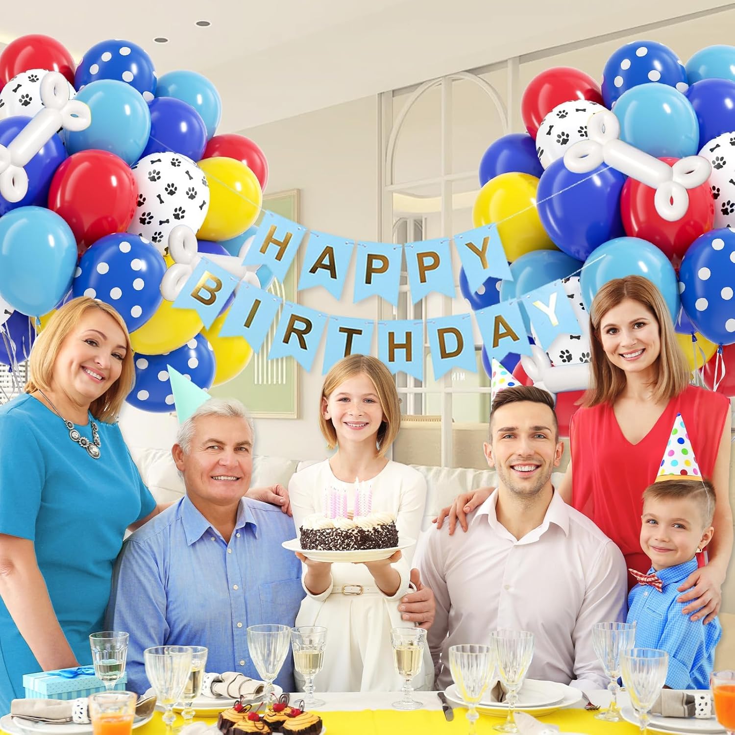 Skiennix 12-Inch Dog Balloons - 60 Pack in Royal Blue, Light Blue, Yellow & Red Paw Print for Puppy Birthday Party Decor