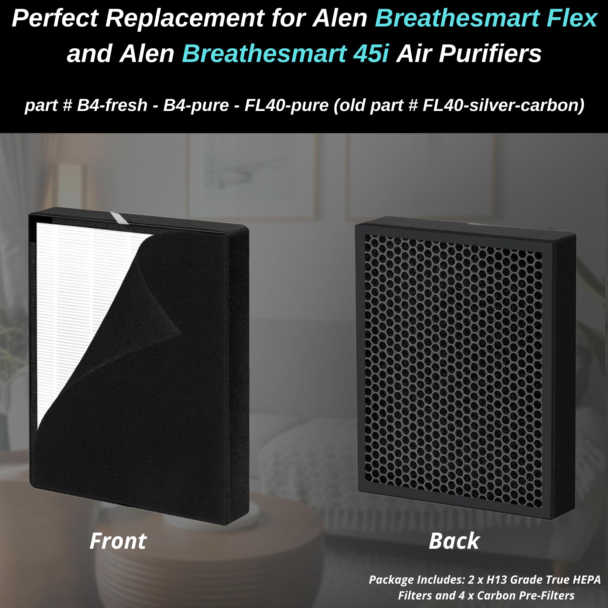 2 Pack - 45i Replacement Filter - for Breathesmart Flex Bh400 and Breathesmart 45i Air Purifier - H13 Grade True Hepa Filter - Part # B4-Fresh - B4-Pure - FL40 - FL40-pure