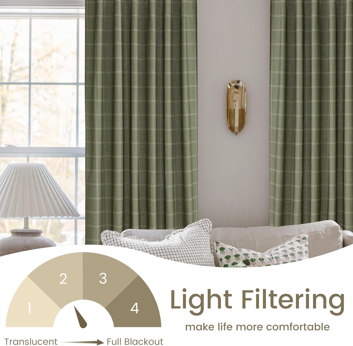 NICETOWN Linen Plaid Curtains - Moss Green Check Tartan Light Filtering Window Panels | 52" x 84" (2 Panels)