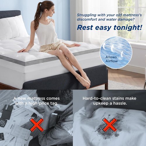 Bedsure 4 Inch Queen Mattress Topper - Dual Layer Gel Memory Foam & Waterproof Pillow Top | 60x80 Inches