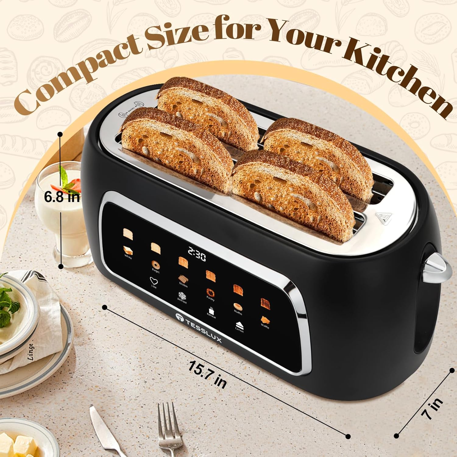 Tesslux 4-Slice Toaster - Touch Screen Control, 1.5" Wide Slots, 6 Browning Levels | Black Finish