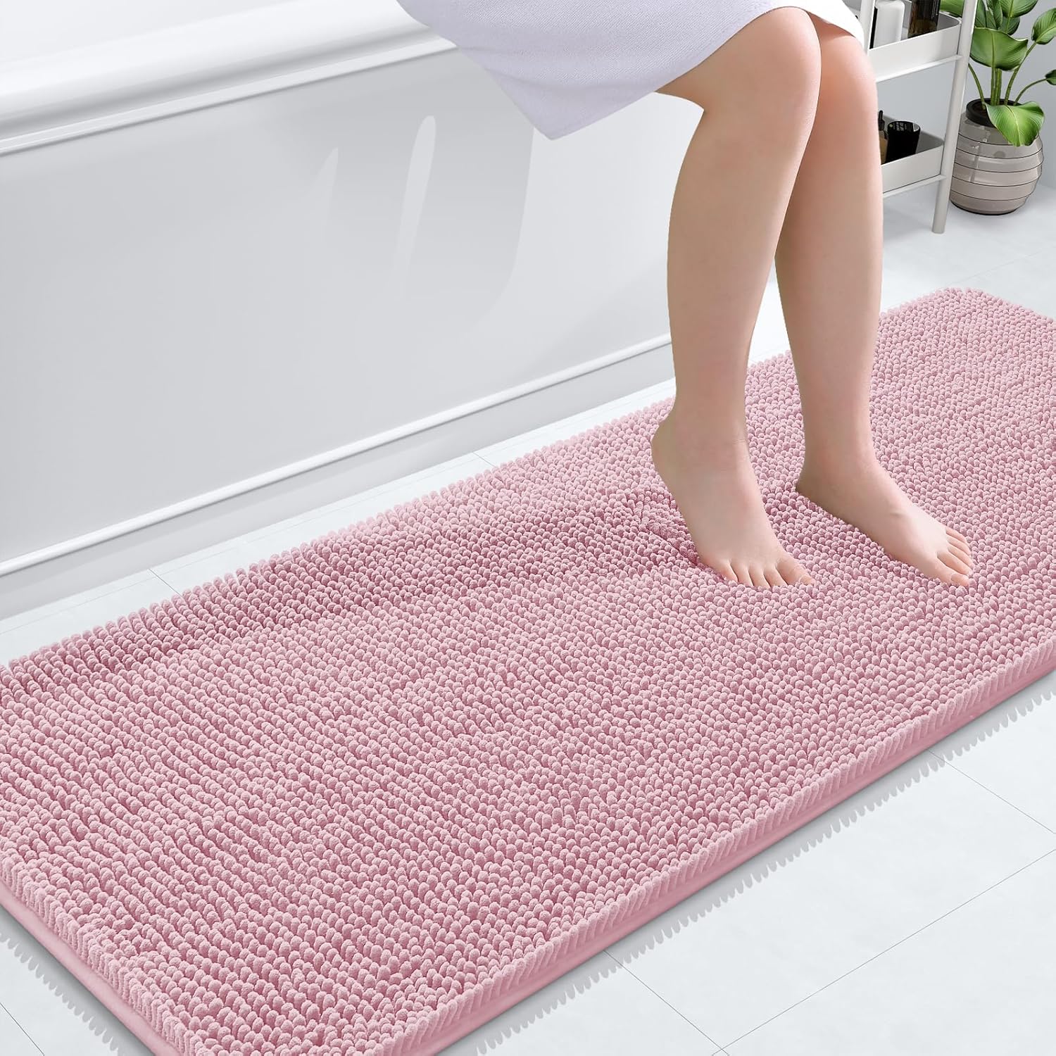 OLANLY Bathroom Runner Rugs - Soft Absorbent Chenille Bath Mats | Quick-Dry Rubber Backing, 59x24, Dusty Rose
