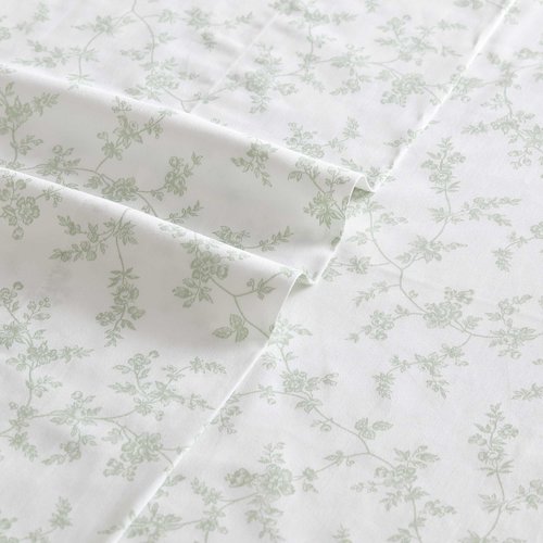 Laura Ashley - Queen Sheet Set, Buttery-Soft Bed Sheets with a Naturally Silky Smooth Cotton Sateen Lightweight Feel - Matching Pillowcases & Fitted Sheet (Fiona Green)