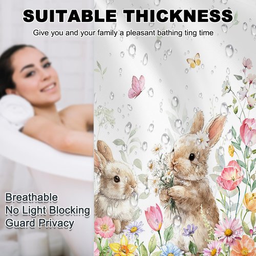 Mocsicka Spring Easter Shower Curtain Funny Cute Bunny Floral Bath Curtain Waterproof Spring Floral Wildflowers Shower Curtain for Bathroom Decor 72 X 72 Inch