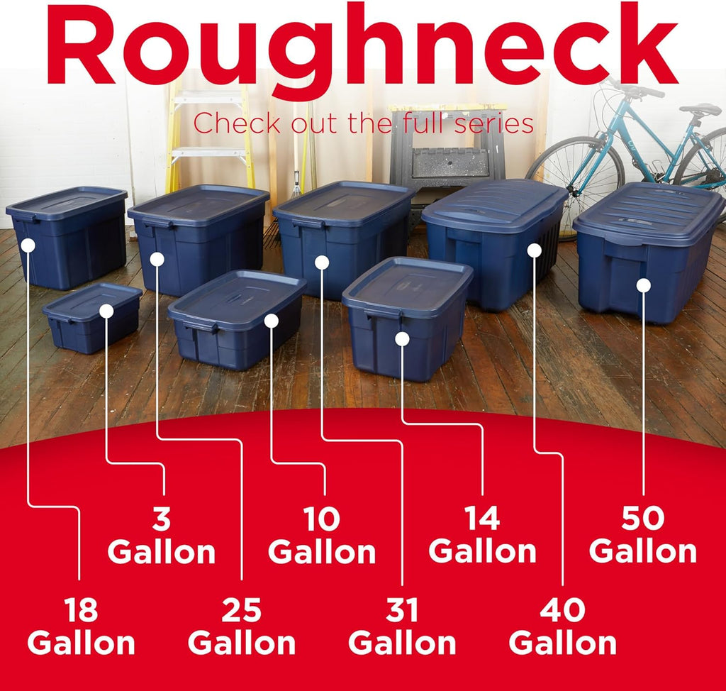 Rubbermaid Roughneck Tote - Durable Dark Indigo Metallic Storage Bins with Lids & Handles | Pack of 10