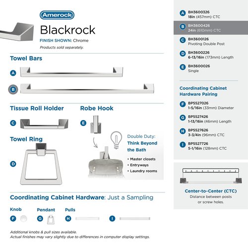 Amerock BH3600426 | Chrome Towel Bar | 24 in (610 mm) Towel Rack | Blackrock | Bathroom Towel Holder | Bathroom Hardware | Bath Accessories | Hand Towel Holder