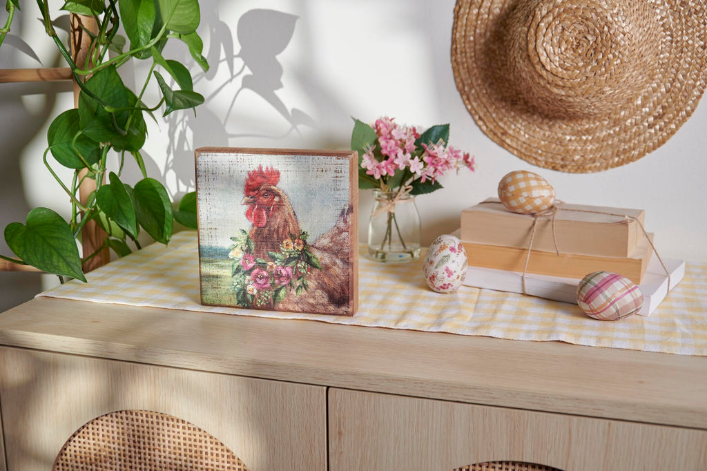 Primitives by Kathy Spring Floral Chicken Sign for Home Décor, Natural Wood Block Sign, Rustic Style with Distressed Details, Hand Painted Art, 6 by 6 Inches, Designed for Wall or Tabletop Display