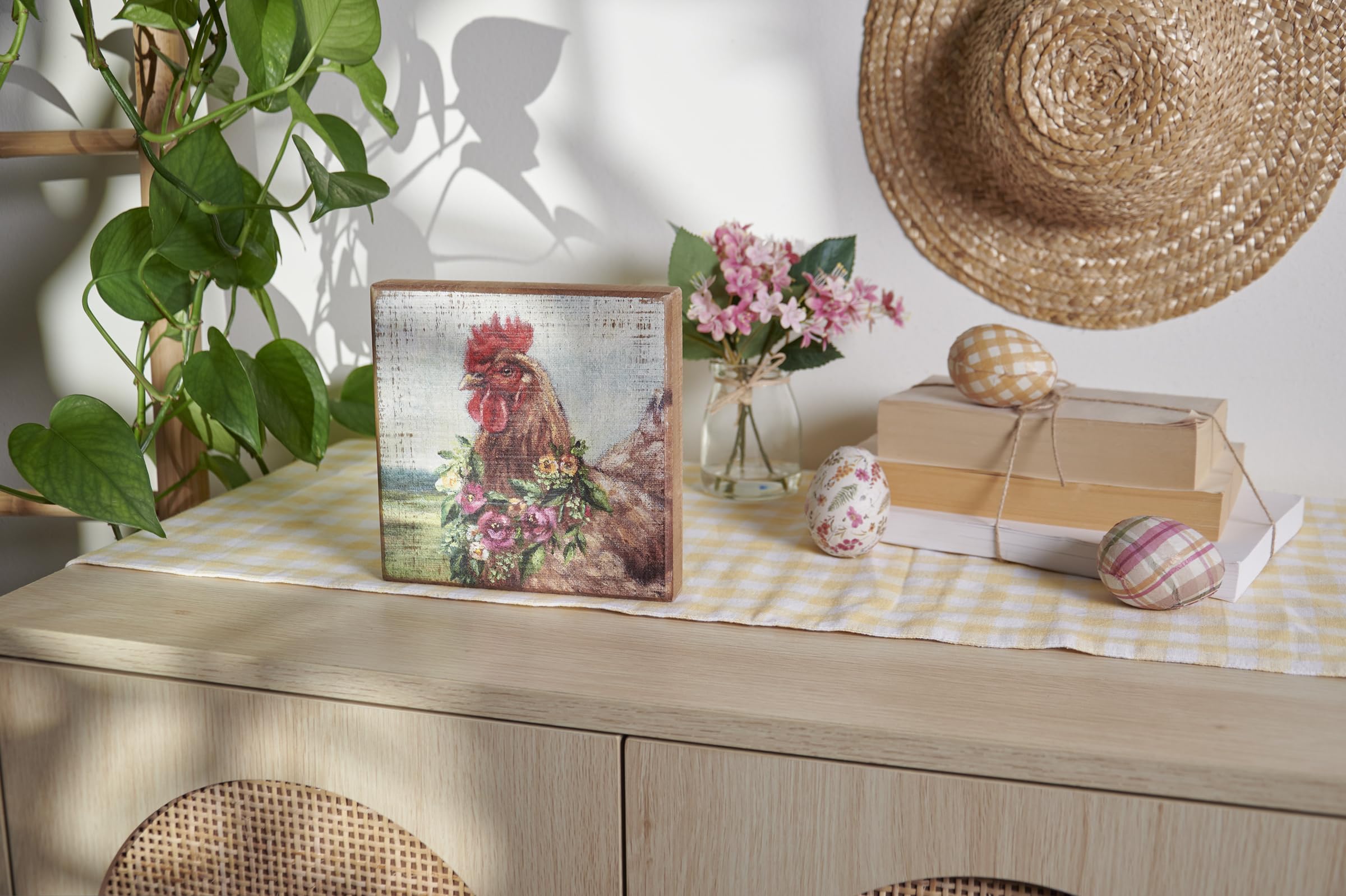 Primitives by Kathy Spring Floral Chicken Sign for Home Décor, Natural Wood Block Sign, Rustic Style with Distressed Details, Hand Painted Art, 6 by 6 Inches, Designed for Wall or Tabletop Display