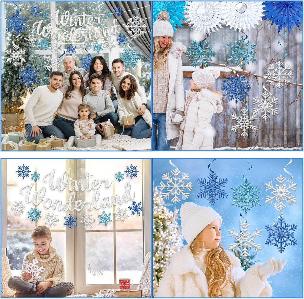 Winter Wonderland Decorations - Blue Glitter Banner & Snowflake Ornaments for Festive Indoor Decor