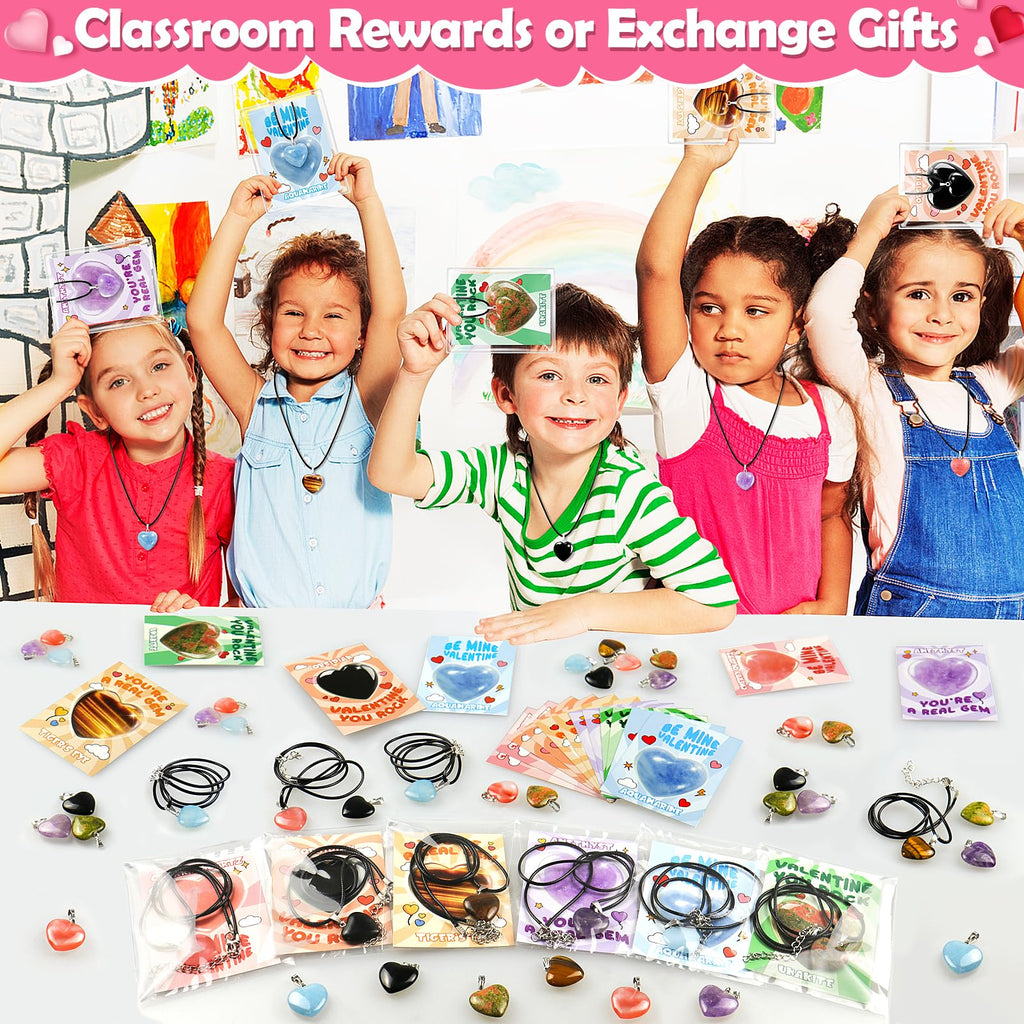 Arfun Valentines Day Cards Gifts for Kids School, 24 Pack Heart Gem Necklaces Valentines Goodie Bags for Classroom, Valentine Exchange Party Favors Rock Crystal Stone Pendants for Girls Boys Class