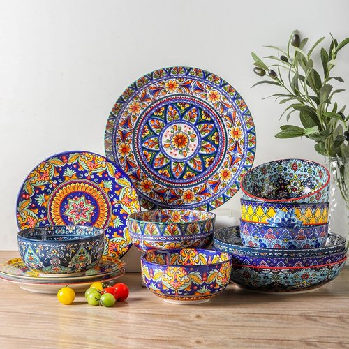 glowworm Pasta Bowls Set of 4, 42 oz Ceramic Salad Bowls for Kitchen, Large Serving Bowls for Ramen, Fruit, Housewarming Gift, Dishwasher & Microwave Safe, Bohemian