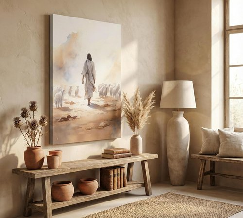Jesus Sheep Canvas Wall Art - Good Shepherd Decor for Church & Home | Inspirational Christian Painting