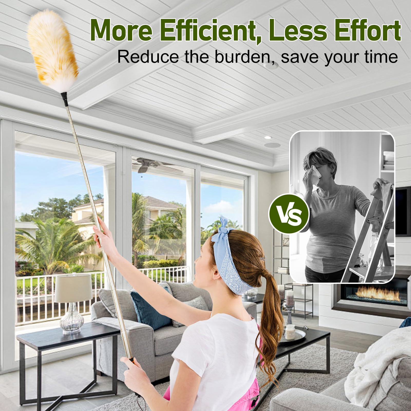 MehelloFeather Extendable Lambswool Duster 25-64" Retractable Telescopic Handle Removable Head Multi-Surface Cleaning Tool for Ceiling Fans, Windows, High Walls, and Hard-to-Reach Areas (2pcs)