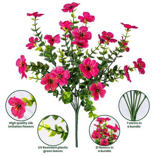 Lnoicy 20 Bundles Artificial Fake Flowers for Outdoor Faux Eucalyptus Flowers for Home Decoration,Fake Plants UV Resistant for Porch/Garden（Rose Red）