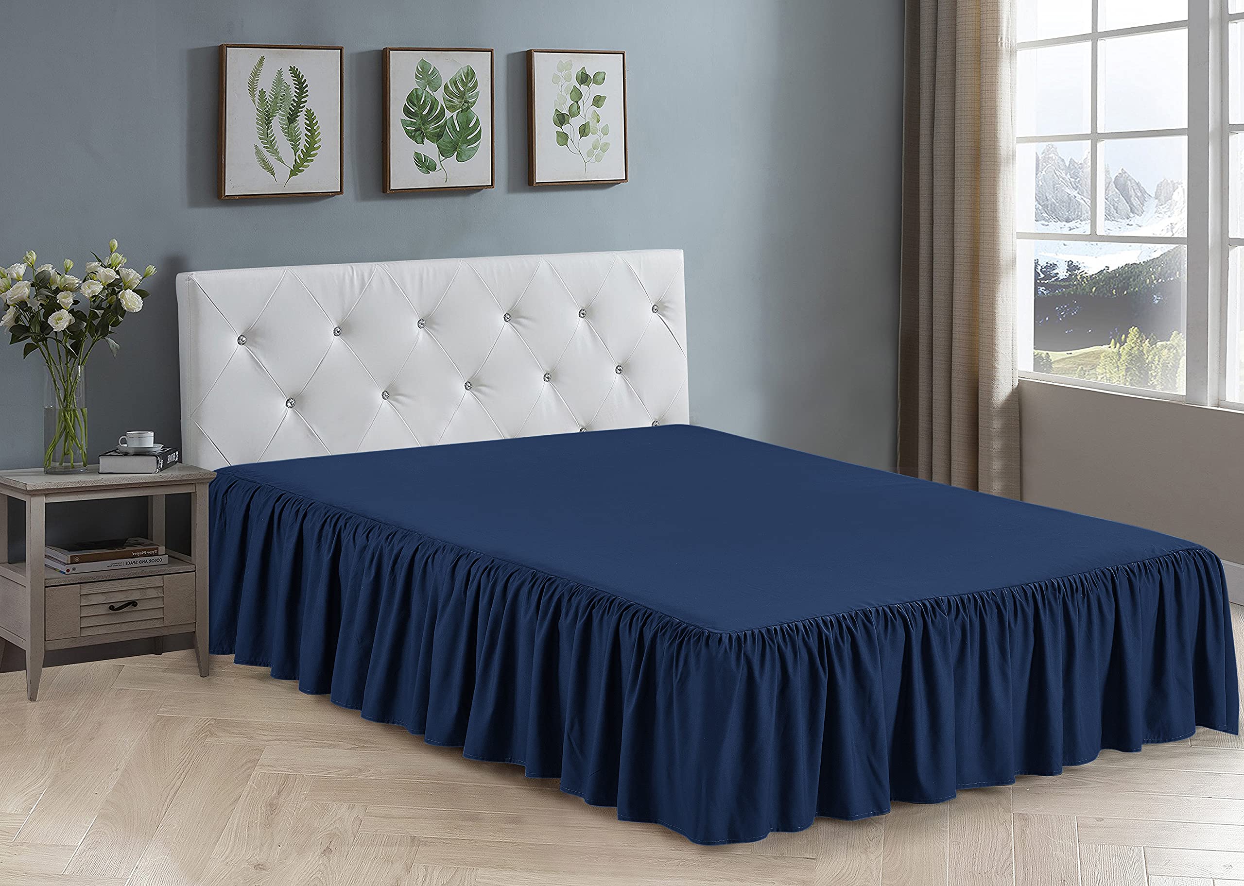 Home Collection Bedskirt Ruffles Fabric Top and Bottom 17 Inch Drop New (Queen, Navy Blue)
