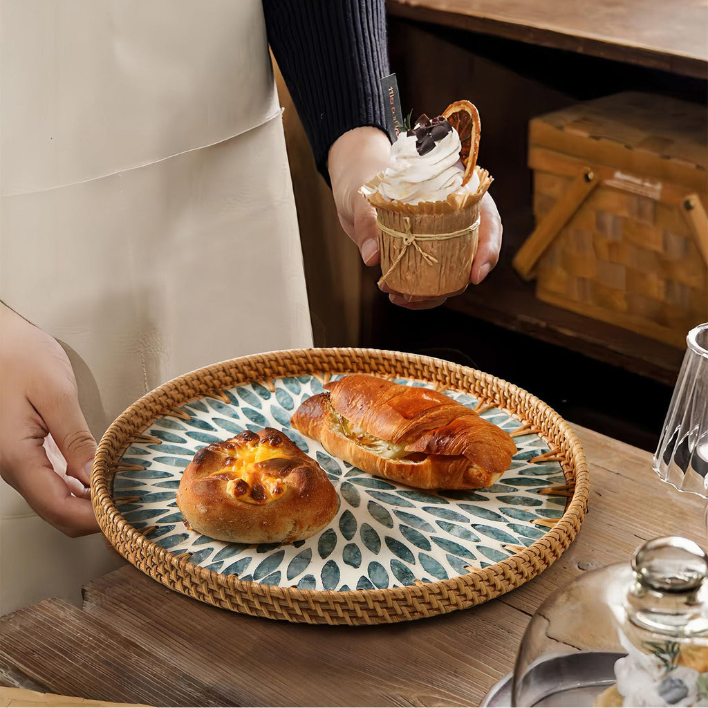 Aayoruro Round Rattan Tray with Mother of Pearl Inlay, Decorative Wicker Serving Tray with Wooden Base, Woven Basket Trays for Bread Fruits Coffee, Light Blue