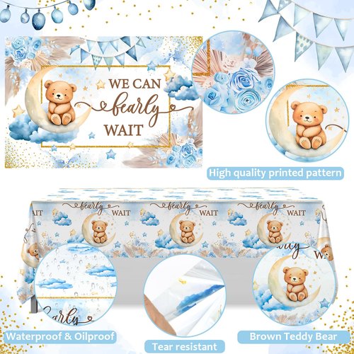 We Can Bearly Wait Baby Shower Decorations -Teddy Bear Boho Balloons Banner Boxes Cupcake Topper, We Can Bearly Wait Sign Backdrop Tablecloth, Boy Baby Shower Decorations Gender Reveal Party Decor