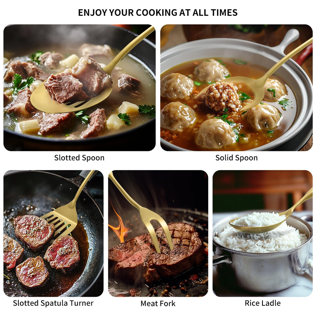 304 Stainless Steel Kitchen Cooking Utensils Set - 9 PCS Serving Utensils, Include Skimmer, Soup Ladle, Spaghetti Server, Wok Spatula, Slotted & Solid Spoon, Slotted Spatula Turner, Meat Fork (Gold）
