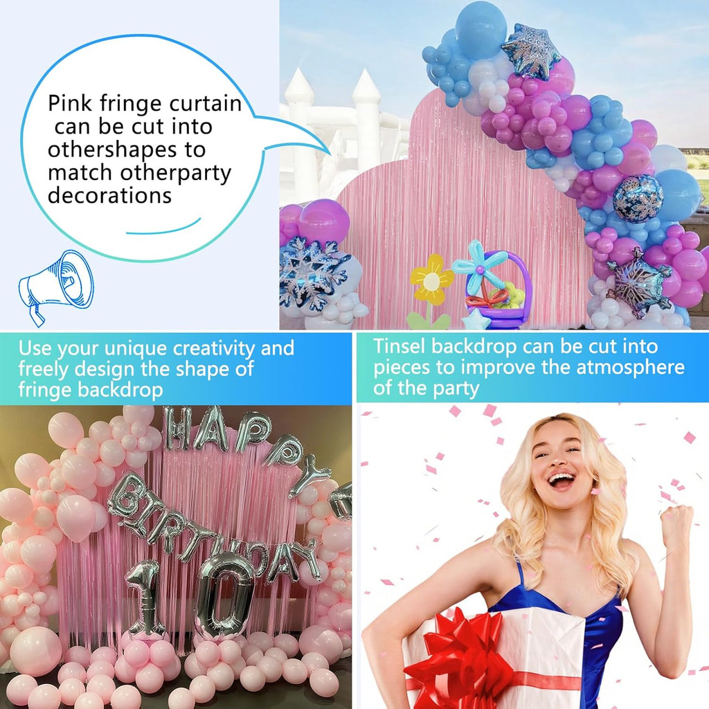 Skiennix Pastel Pink Birthday Party Backdrop - Foil Fringe Curtain 3.3x8.2ft | 2 Pack Streamers for Baby Showers & Bachelorette Celebrations