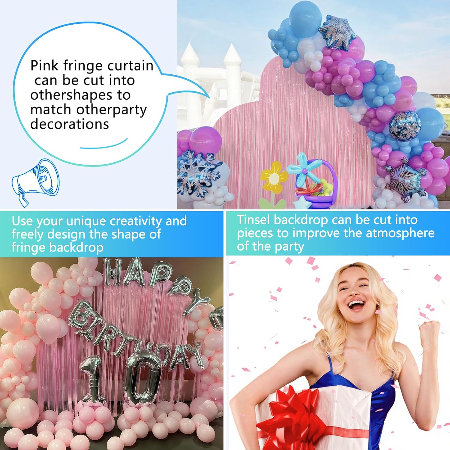 Skiennix Pastel Pink Birthday Party Backdrop - Foil Fringe Curtain 3.3x8.2ft | 2 Pack Streamers for Baby Showers & Bachelorette Celebrations