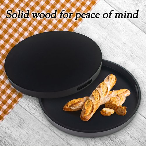 Large Round Black Tray, 20" Extra Large Black Ottoman Tray, Wood Serving Trays, Decorative Trays with Handles for Home Kitchen