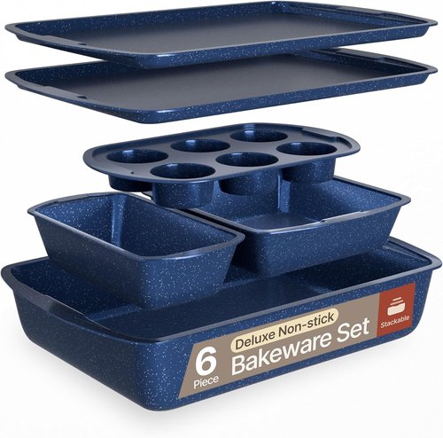 BAKKEN Nonstick Baking Pan Set | Blue Marble Coating, Commercial Grade Carbon Steel, Oven Safe (Set of 6)