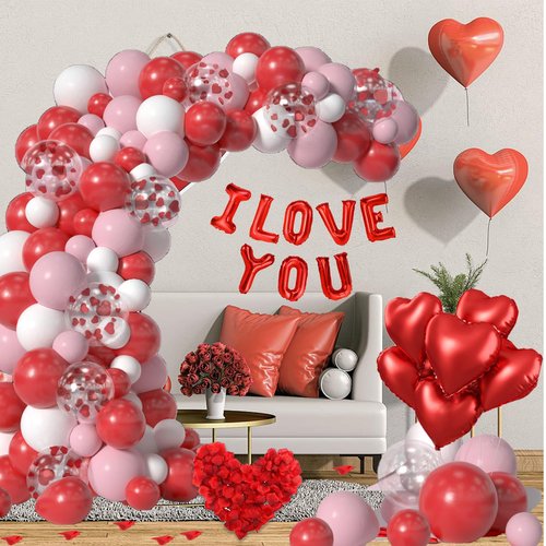 Yumiche 617PCS Valentines Balloon Arch, I Love You Balloon, Red Pink White Heart Balloon And Rose Petals For Valentines Day Wedding Engagement Anniversary Romantic Decorations Special Night