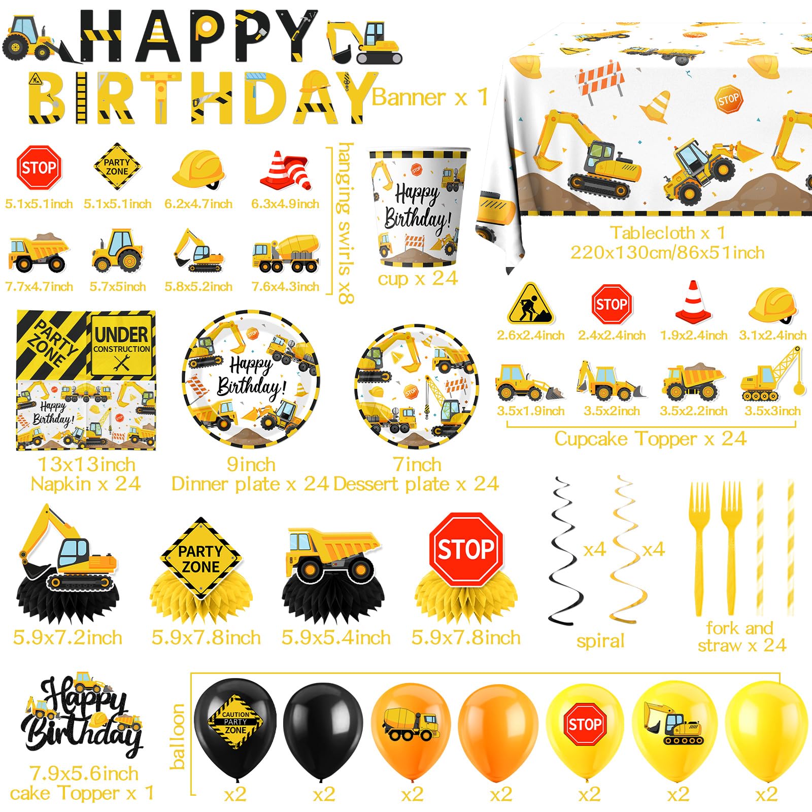 Construction Birthday Decorations,245PCS Construction Birthday Party Supplies-Includes Plates Napkins Cups Banner Balloons Tablecloth and Cake Toppers for Kids TruckTheme Celebration Tableware