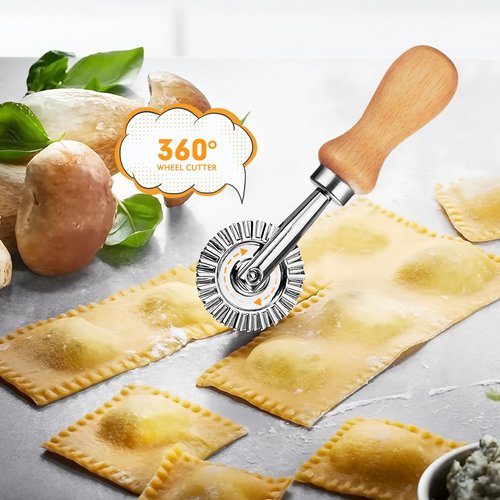 2Pcs Pasta Cutter Wheel Stainless Steel Fluted Pastry Ravioli Cutter Wheel with Wooden Handle Pastry Crimper for Home Kitchen