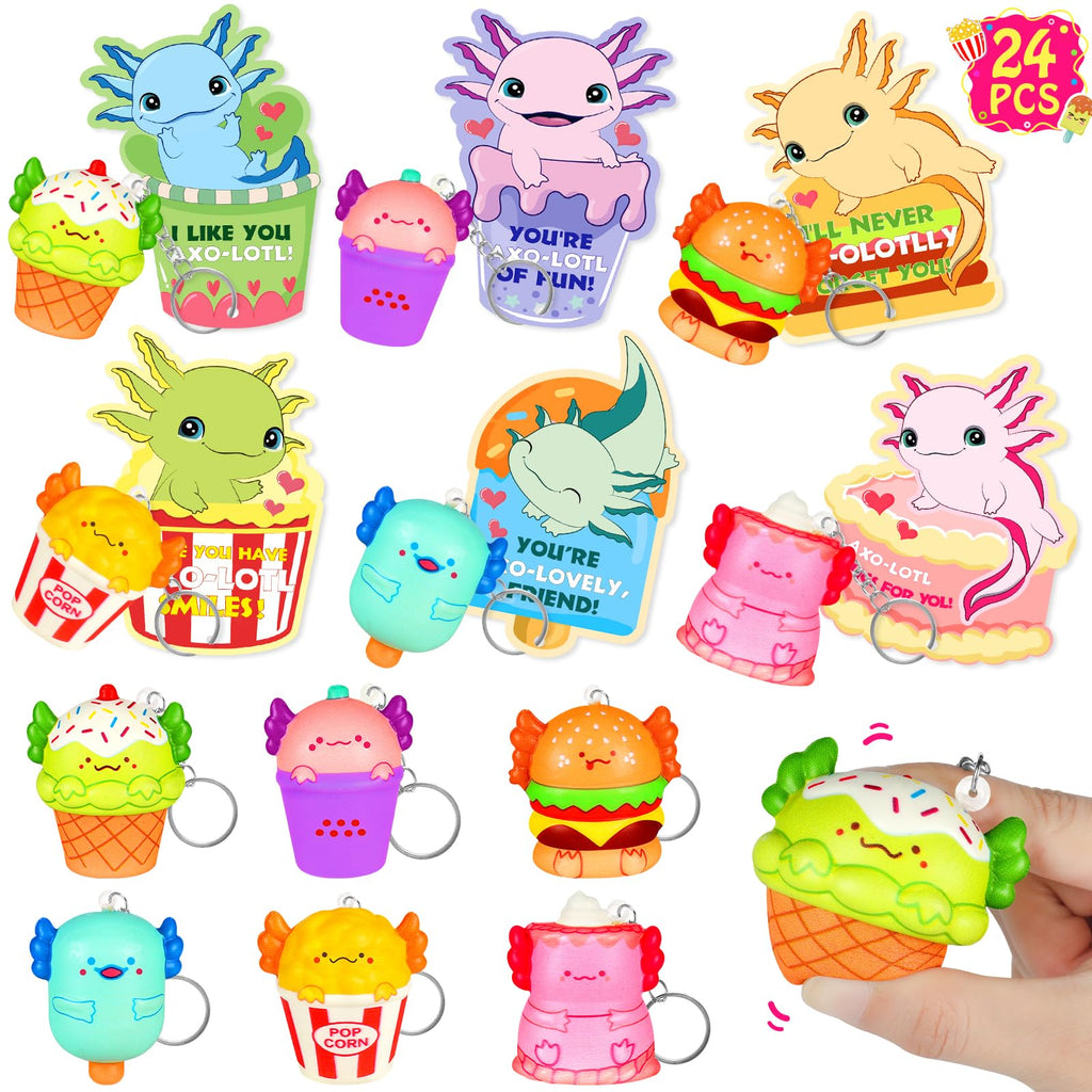 EULRGAUS Valentines Day Cards for Kids School, 24 PCS Food Axolotl Slow Rising Squishy Toys, Valentines Cards for Kids Classroom with Keychains, Valentines Classroom Exchange Party Favors Gifts