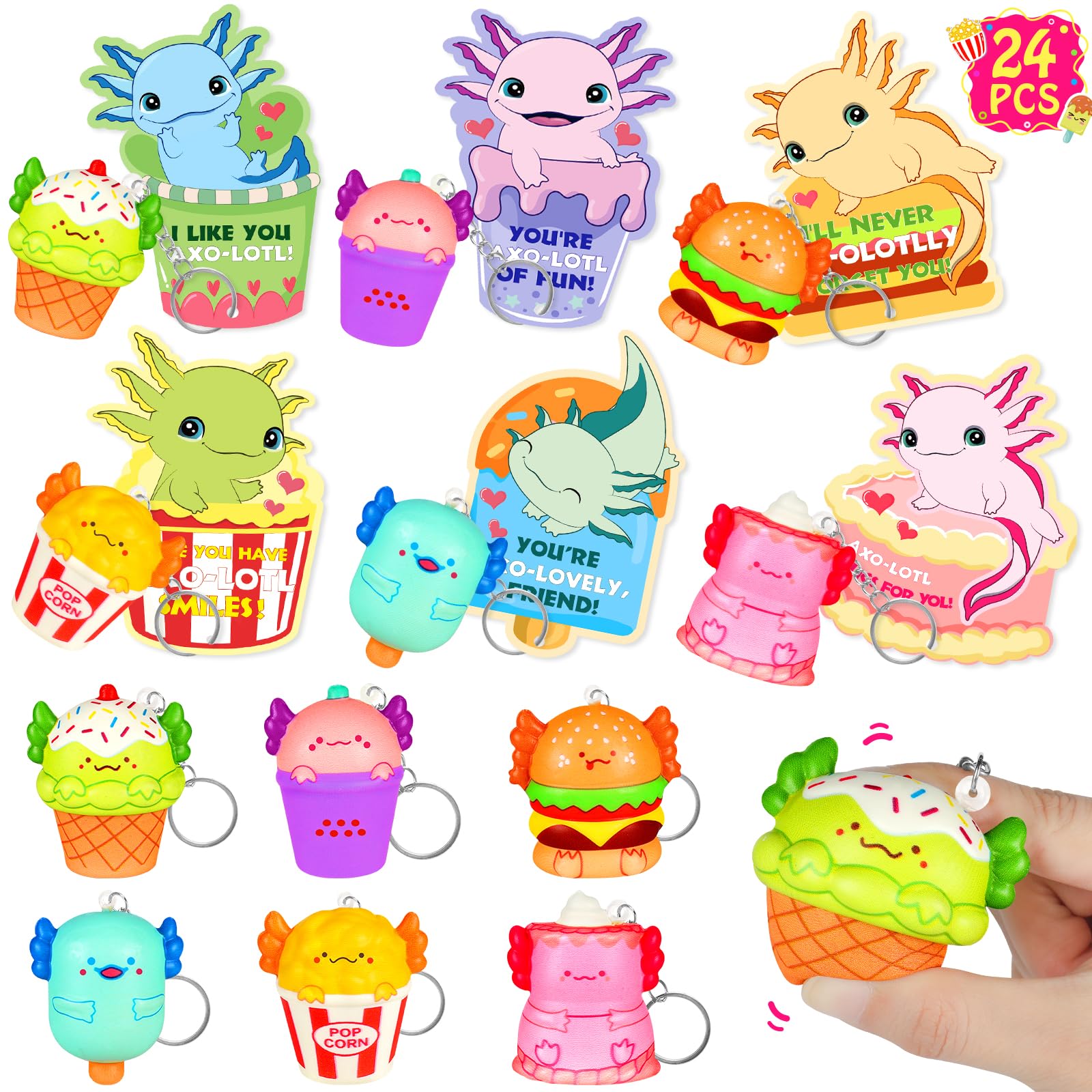 EULRGAUS Valentines Day Cards for Kids School, 24 PCS Food Axolotl Slow Rising Squishy Toys, Valentines Cards for Kids Classroom with Keychains, Valentines Classroom Exchange Party Favors Gifts