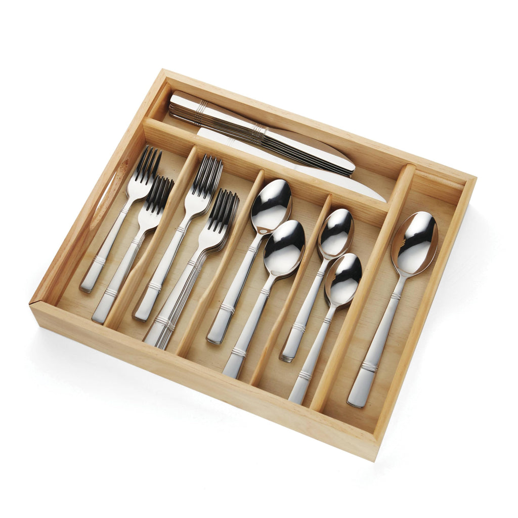 Cambridge 3194K7CSLG31 Braylen Mirror 62-Piece Flatware Set With Oak Buffet