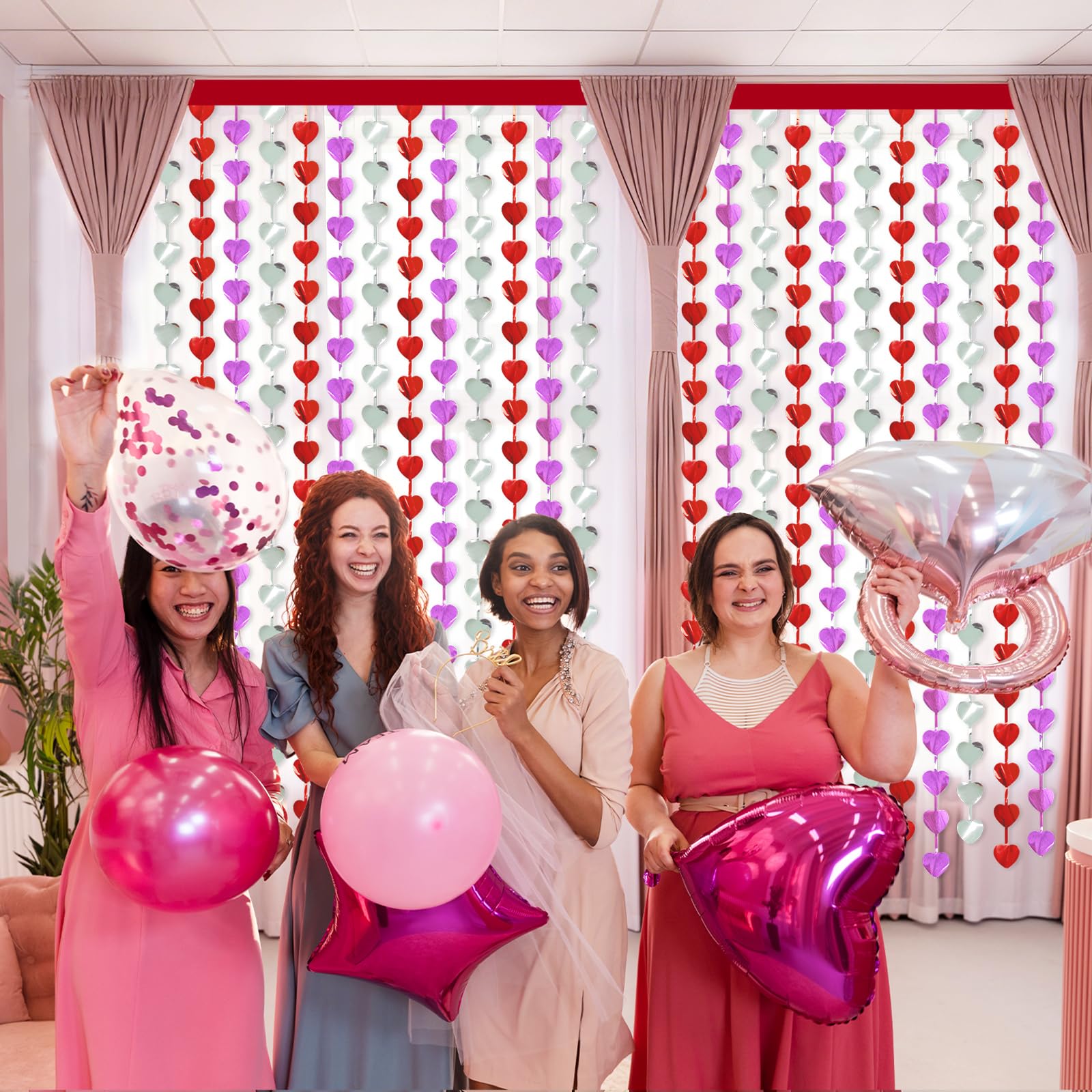 Valentines Decorations, 2 Pack Heart Foil Fringe Curtains 3.3x6.6ft, Red Purple Silver Tinsel Streamer Backdrop, Valentines Photo Backdrop for Party, Galentines, Birthday, Engagement