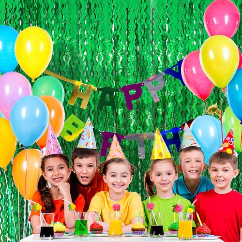 Green Tinsel Foil Fringe Curtains - Wavy Backdrop for Parties & Photo Booths | Metallic Streamers