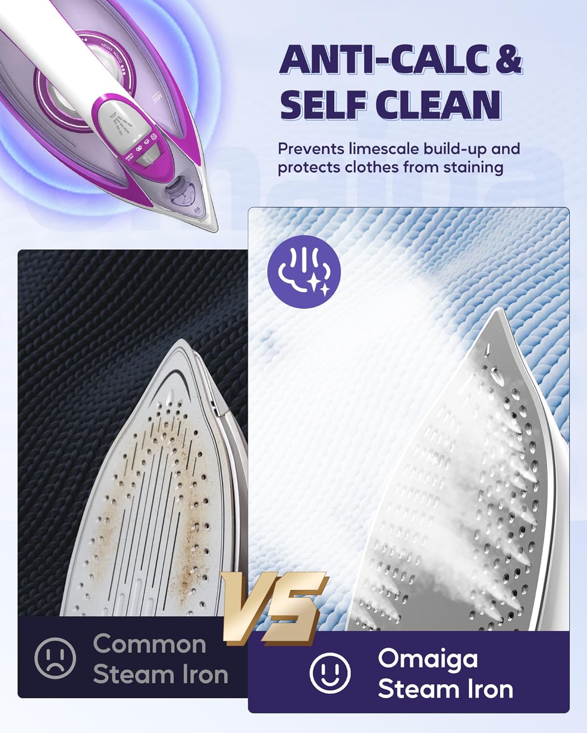 Omaiga Steam Iron - 1750W Fast Heating with 15.21oz Water Tank & Ceramic Soleplate | Self-Cleaning, Anti-Drip