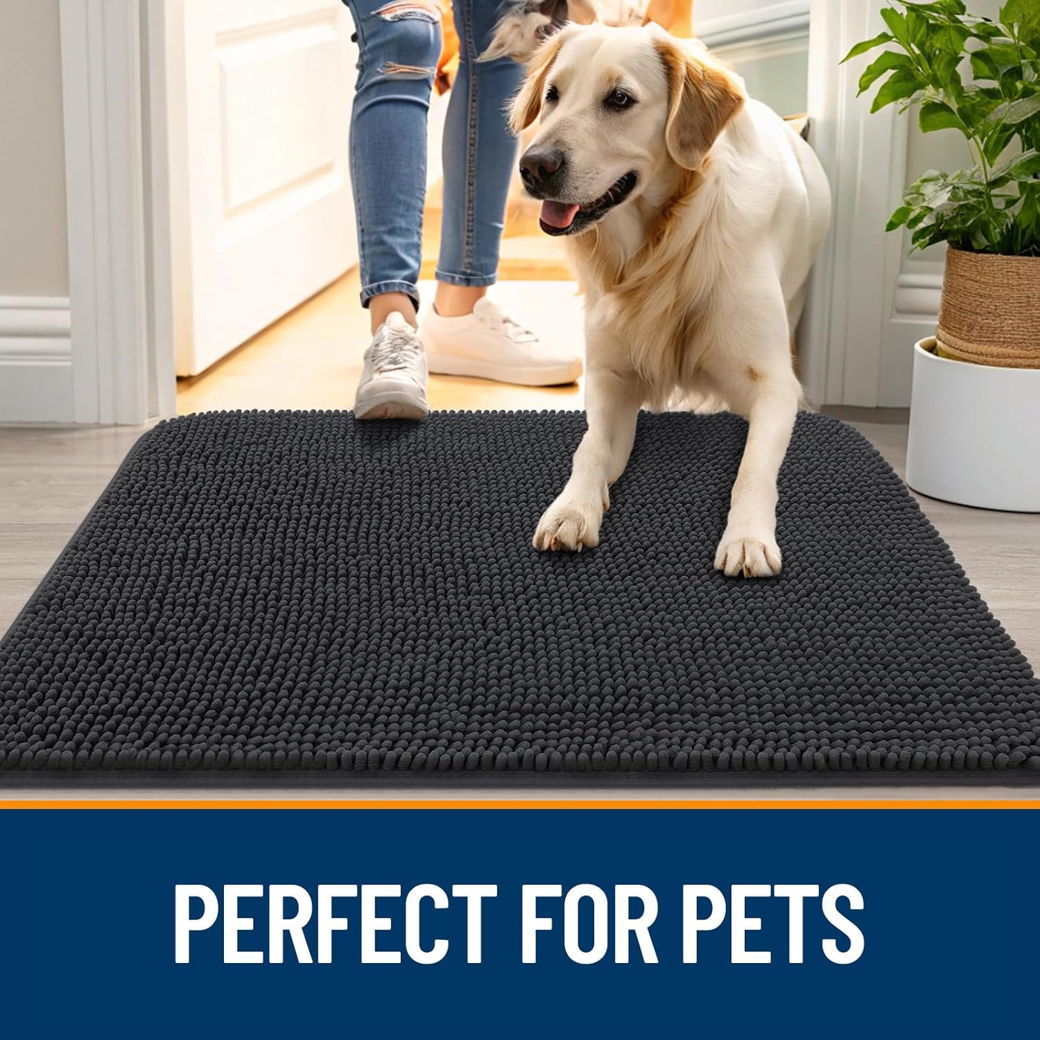 OLANLY Dog Door Mat - Absorbent Non-Slip Chenille Doormat for Muddy Paws | 30x17 Dark Grey