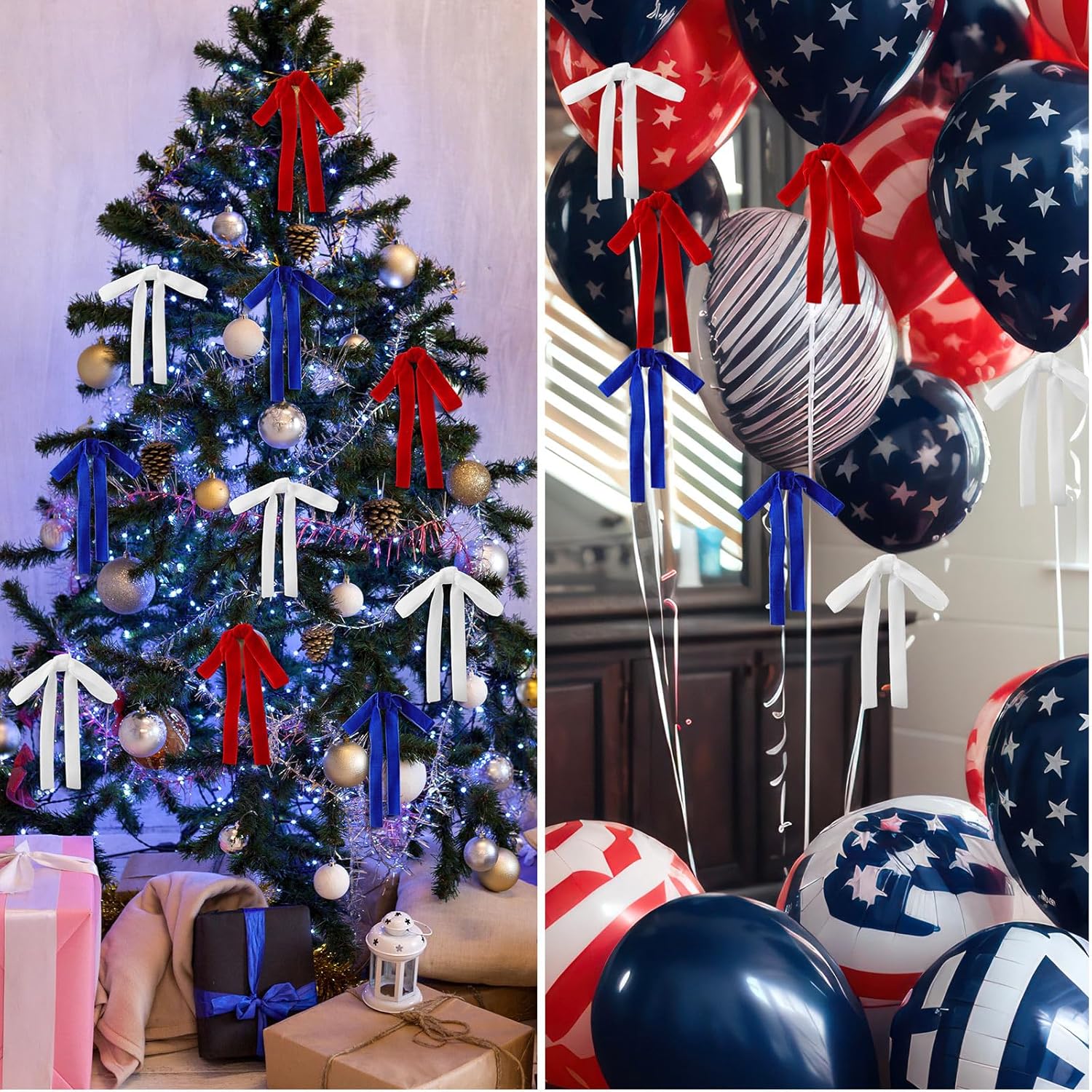 Skiennix Velvet Bows - 24 Pcs Vintage Ribbon for Christmas Tree & Crafts | 5 x 7 Inch, Blue, White, Red