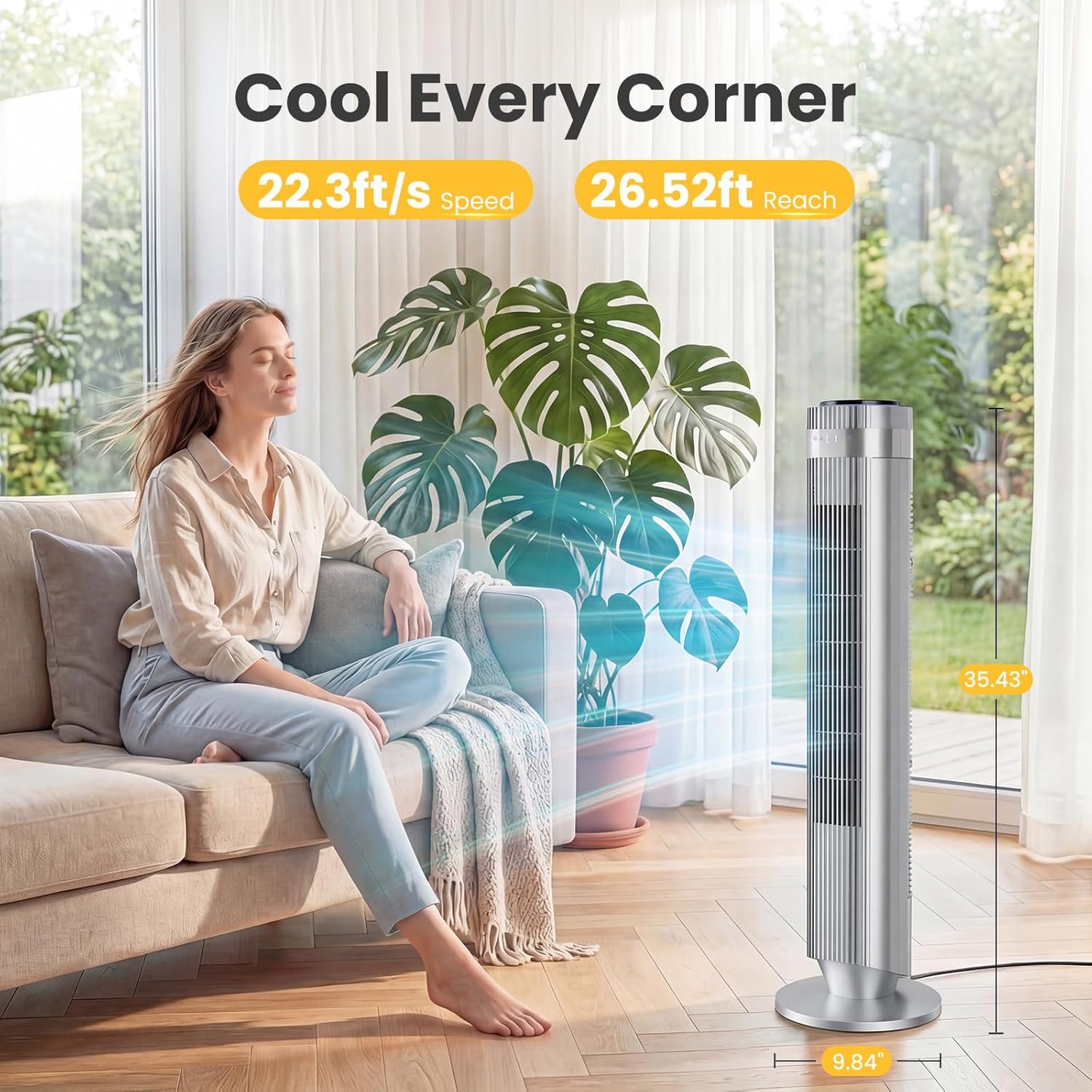 NEWBULIG Bladeless Tower Fan - Oscillating Design with Remote, 5 Speeds, 28dB Quiet Operation, Silver