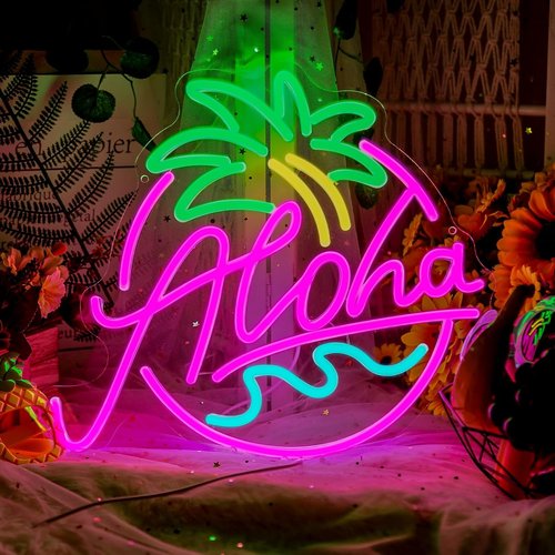 Aloha Neon Sign - Tropical Beach Party Decor | Pink Blue Green LED Light for Tiki Bar & Hawaiian Vibes