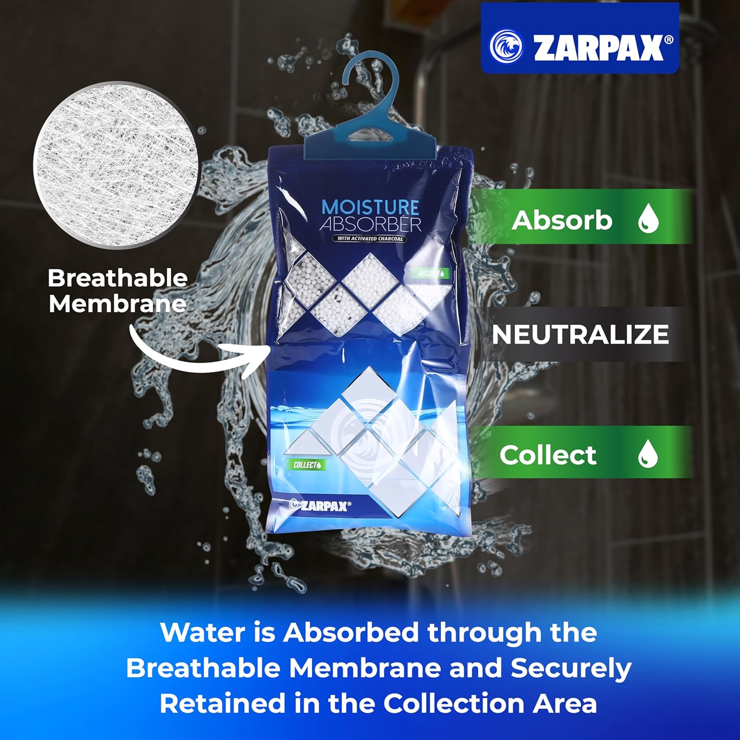 ZARPAX Activated Charcoal Moisture Absorber - 10.6 oz | Portable Dehumidifier Bags for Bathroom, Closet & Kitchen | Eliminates Humidity & Odors | Set of 10