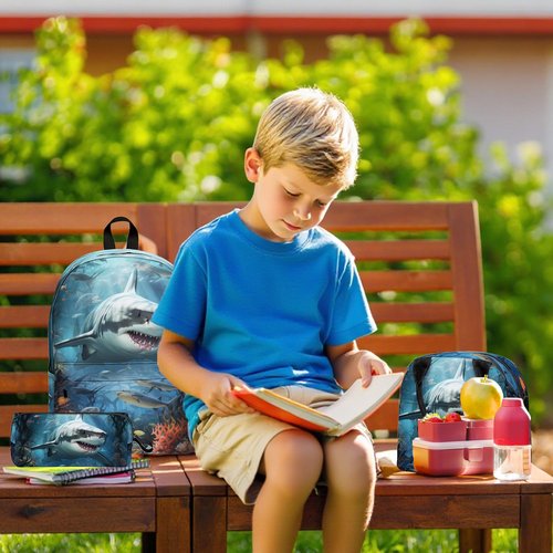 3PCS Shark Backpack Set for Boys, Large Lightweight 17 Inch Backpack with Lunch Box & Pencil Case for Kids, Back to School Bookbag for Elementary School