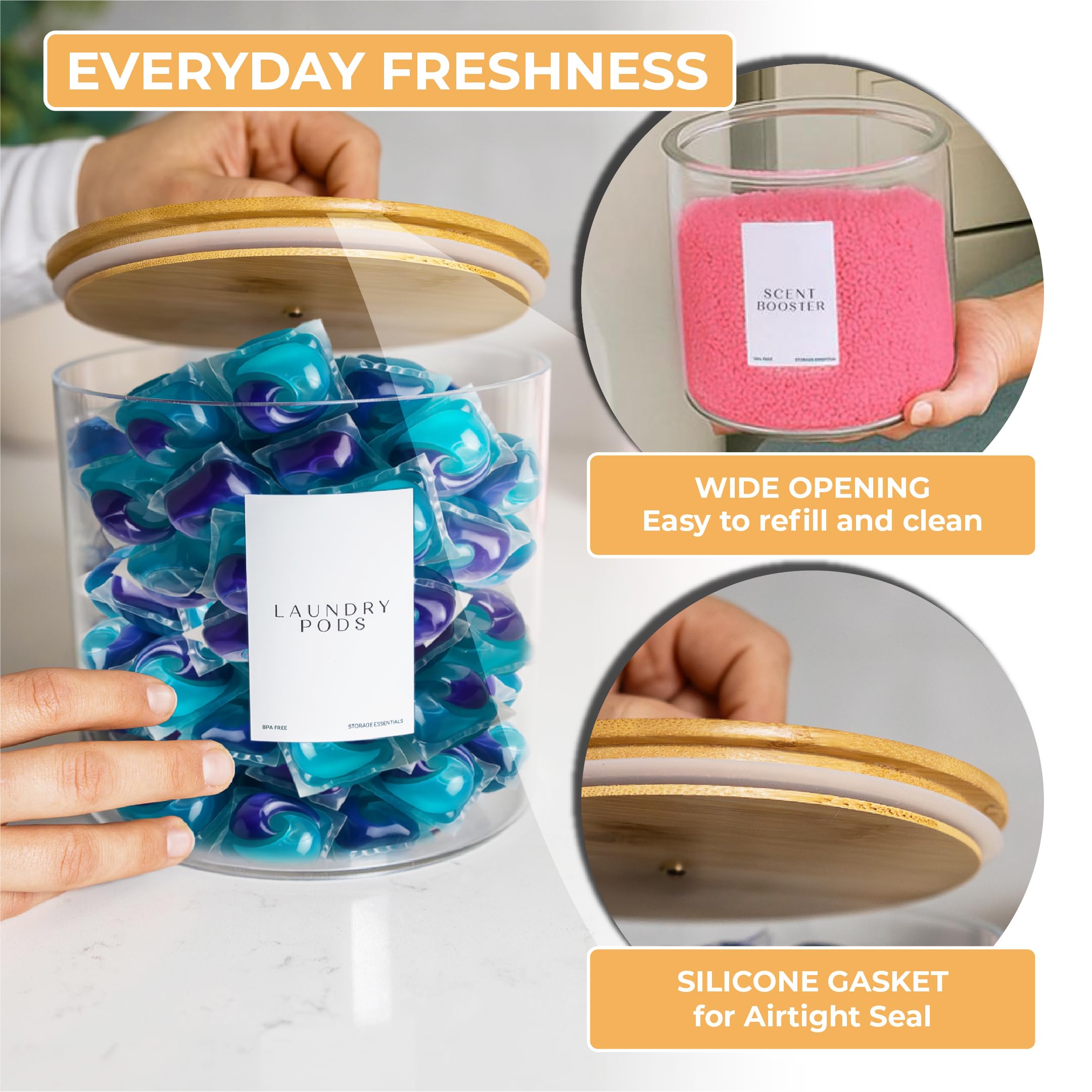 Just Peachy Home Laundry Pods Containers for Organizing Dryer Sheet Holder & Laundry Jars with Lids, Labels & Scoops - Acrylic Laundry Storage Containers for Powder, Pods, Detergent, Scent Booster