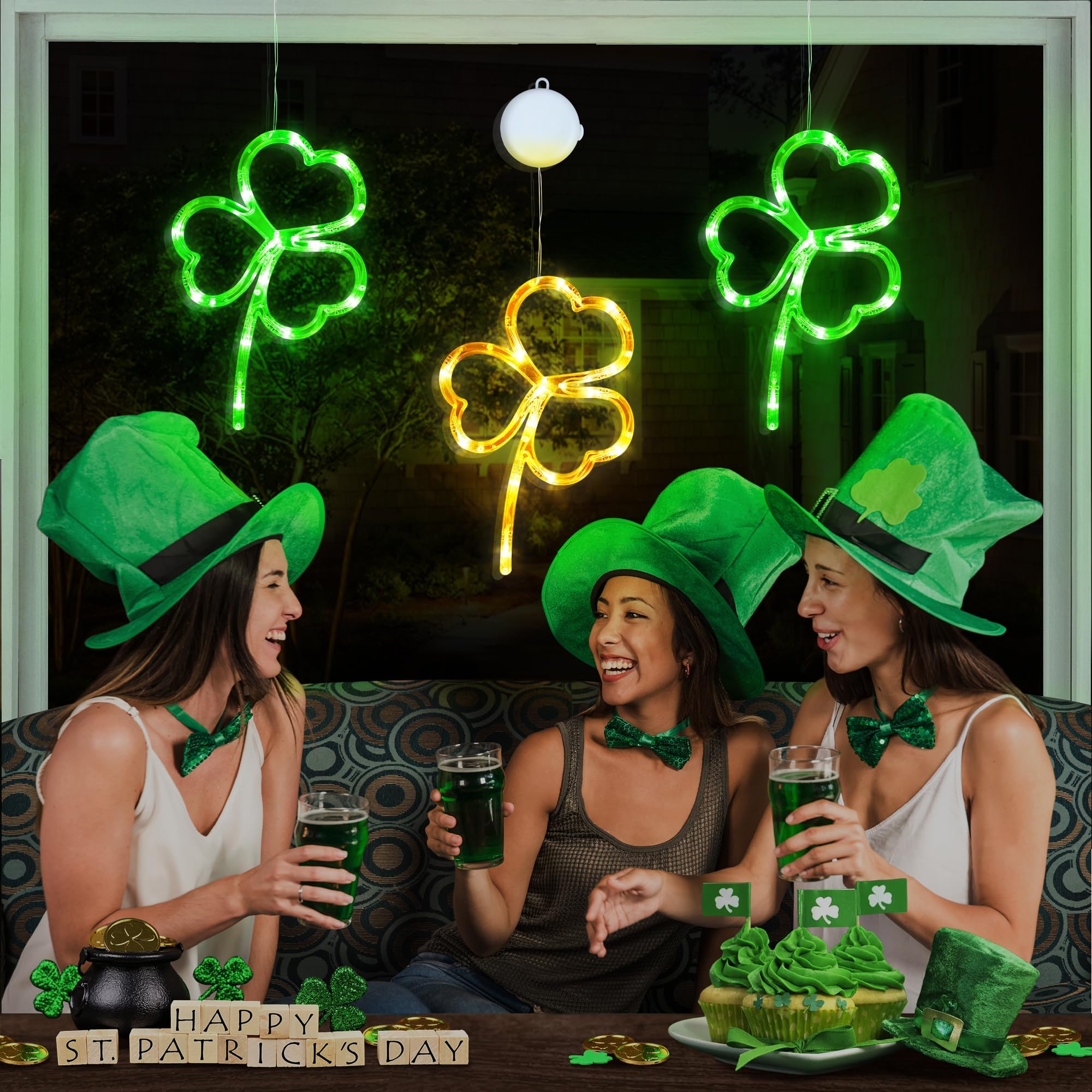 [Timer] 3 Pack St Patricks Day Decorations Shamrock Window Lights Battery Operated with Suction Cup & Hook, Saint Patricks Day Lucky Gold Green Clover Lights for Indoor Outdoor Party Irish Decor