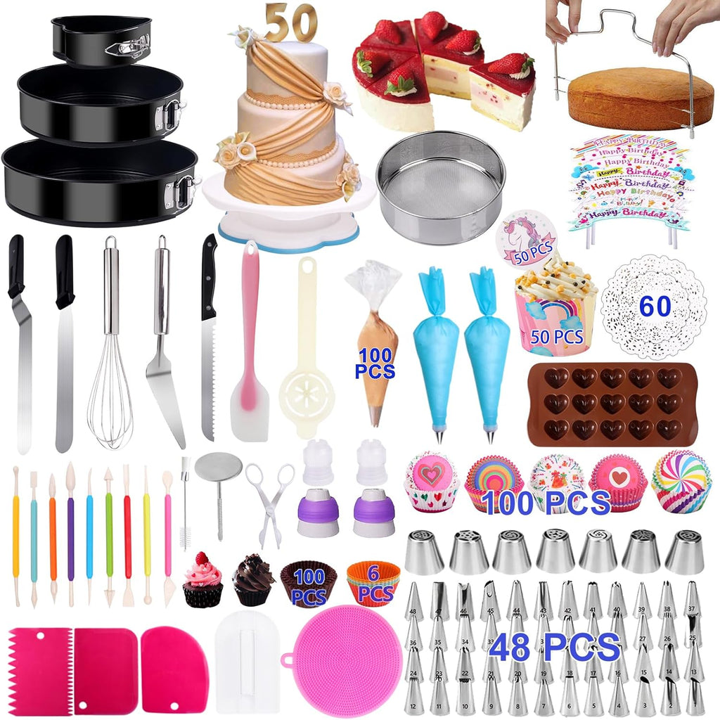 Skiennix Cake Decorating Kit - 567 PCS Baking Set with Springform Pans & Rotating Turntable for Beginners