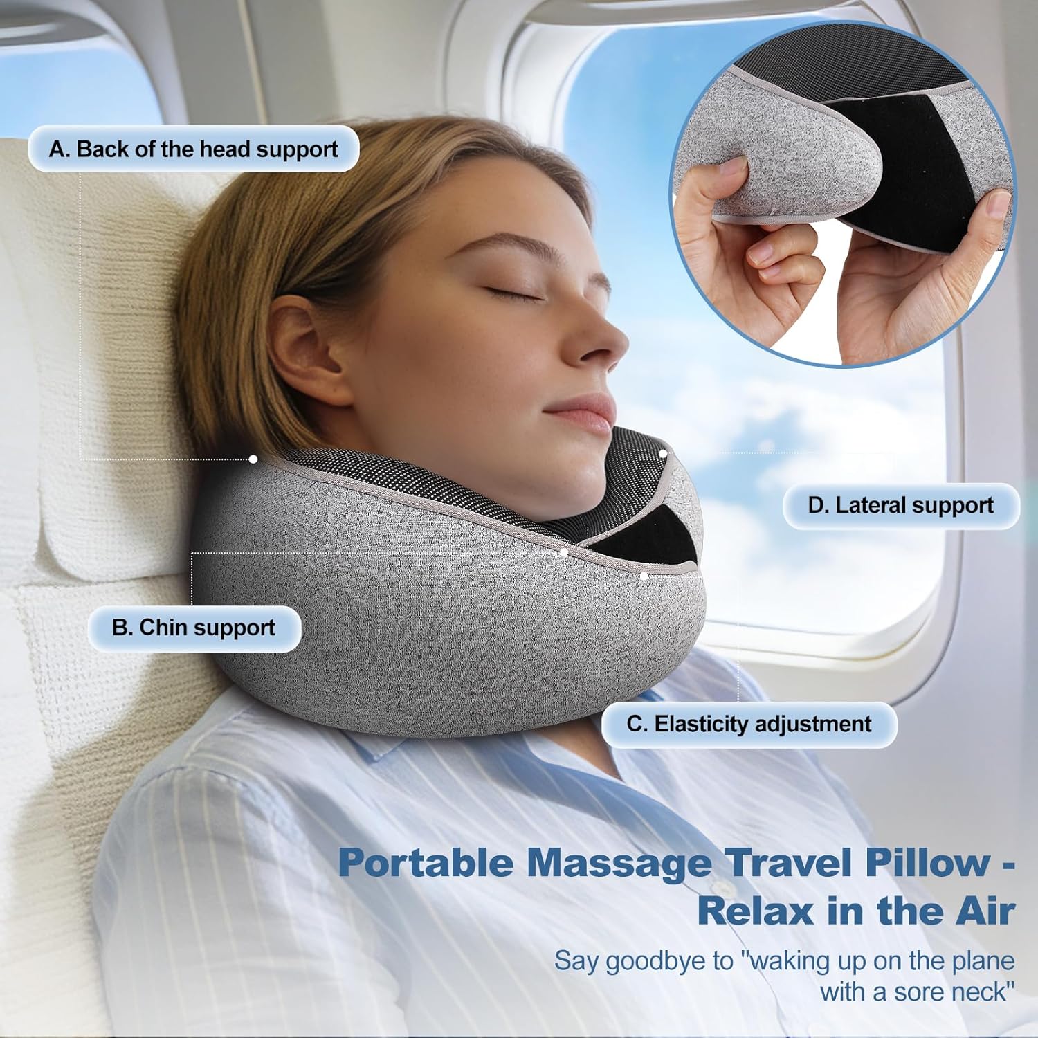 Memory Foam Travel Neck Pillow - Ergonomic 360° Head Support | Includes Eye Mask & Ear Plugs | Ultra Portable Gray Pillow for Flights & Cars