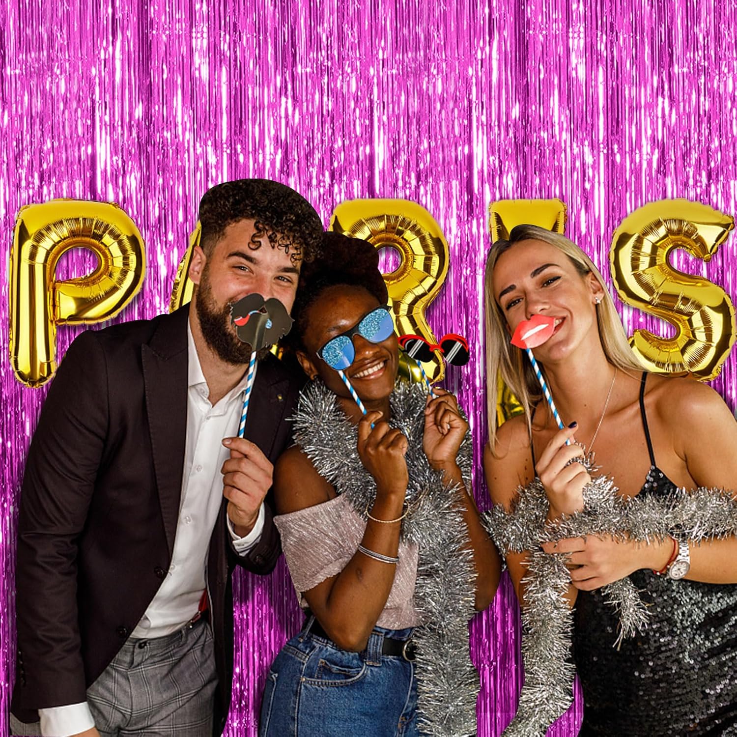 Skiennix Hot Pink Party Backdrop - 2 Pack Tinsel Curtain for Birthdays & Celebrations