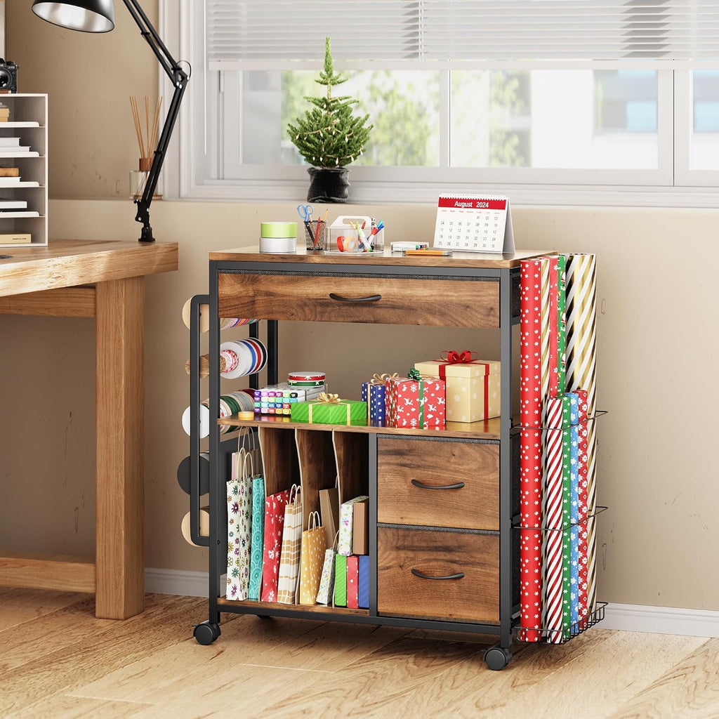 PUNLUXU Wrapping Paper Storage Cart - Rolling Gift Wrap Organizer with Ribbon & Bag Storage | Ideal for Crafts