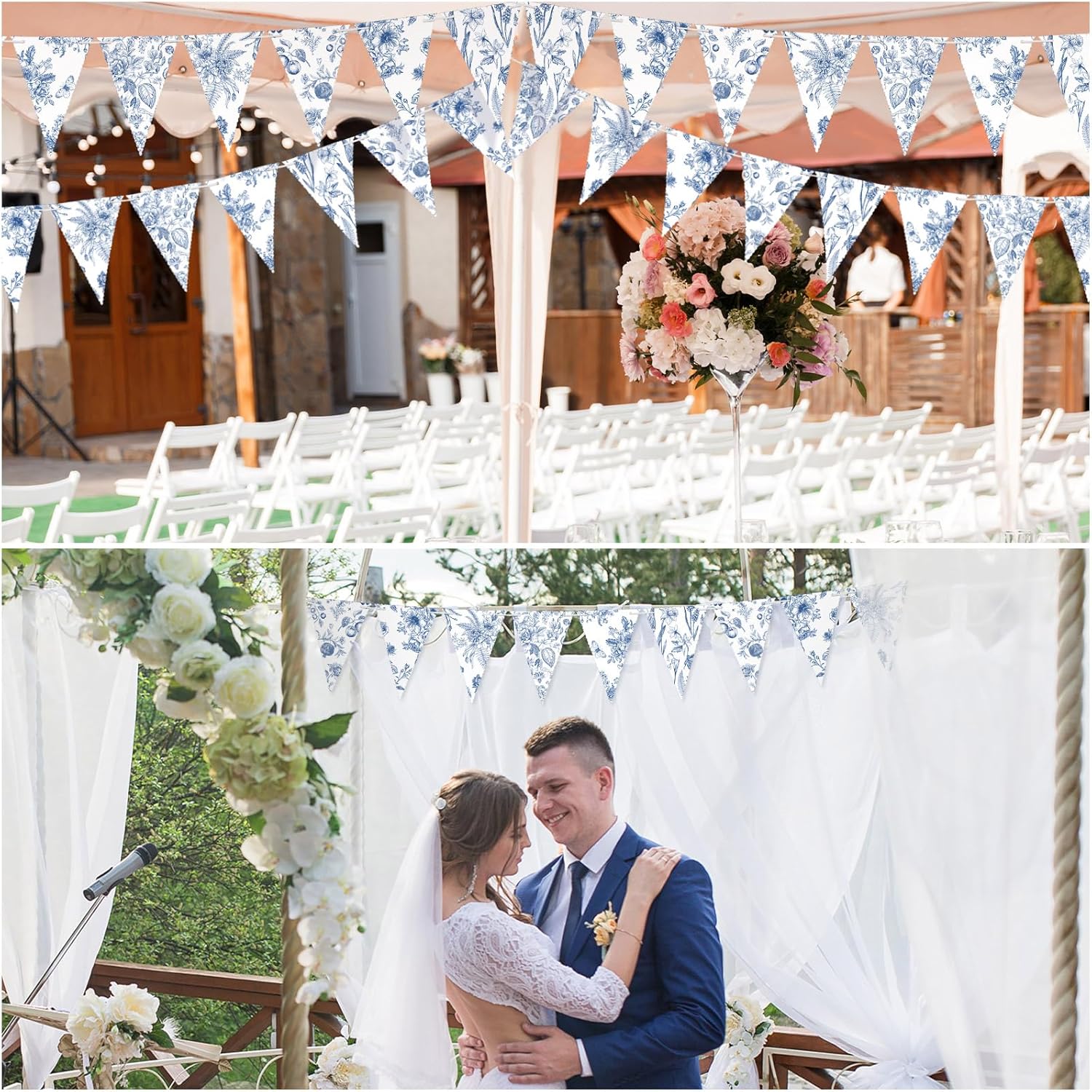Skiennix Vintage Floral Paper Pennant Garland - 5 Pieces Blue & White Triangle Banner for Weddings & Showers